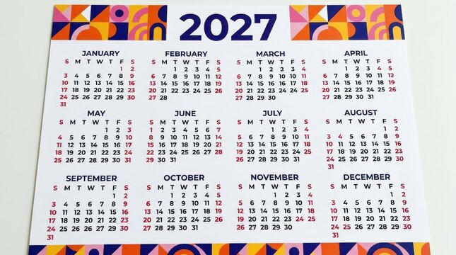 Calendar 2027 year template with 12 months, modern colorful geometric header design layout planner grid