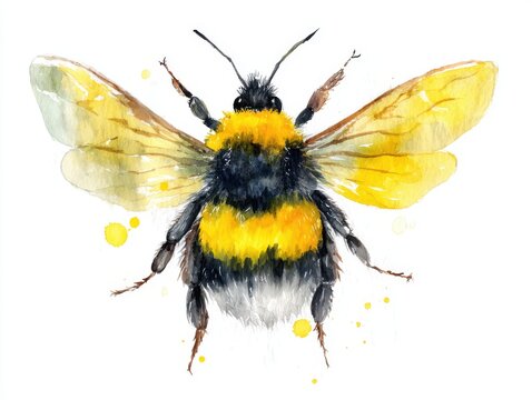 Watercolor bumblebee illustration on white background close up view of insect with yellow and black stripes wings spread