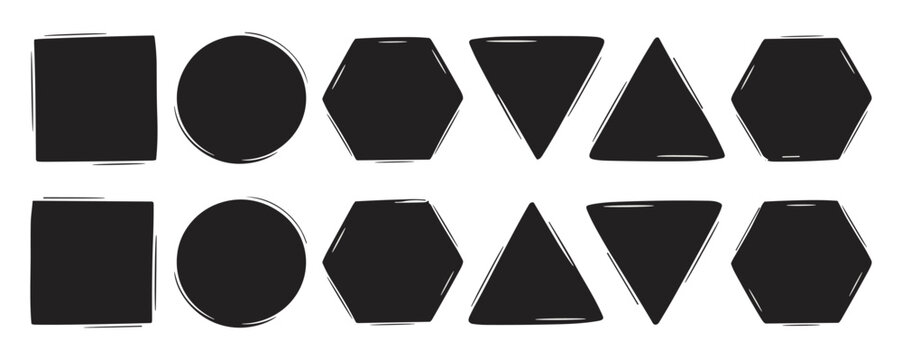 Set of hand drawn geometric shapes including circles squares triangles and hexagons in a sketch doodle style on a white background