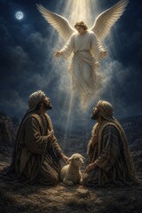 Obraz premium Angel appearing to shepherds in the starry night. Biblical scene of heavenly announcement. Spiritual illustration of historical nativity story for Christian religion and Christmas holiday.