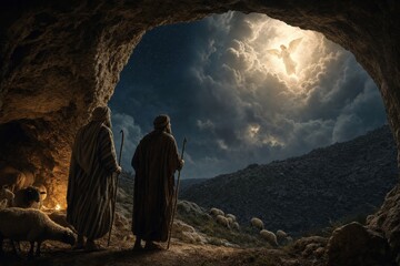 Fototapeta premium Shepherd watching angel appearing in night sky above hill. Biblical story scene of annunciation to shepherd with sheep in cave. Religious art concept depicting divine miracle light.