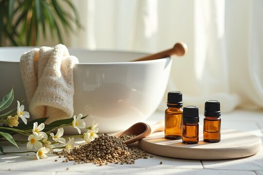 Create a Tranquil Flat Lay of a DIY Herbal Aromatherapy Bath Soak, Showcasing Beautifully Arranged Dried Herbs, Essential Oils, and a Wooden Scoop Against a Soft Background
