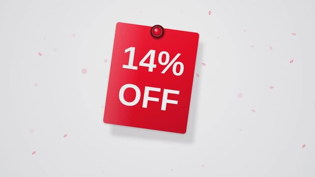 Red sale tag animation showing 14 percent off discount on white background with moving symbols.