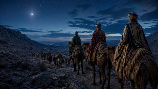 Three wise man riding camel through desert following star. Religious scene depicting nativity journey of magi searching for newborn Jesus Christ. Biblical story of christmas epiphany.