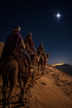 Three wise men riding camels across desert toward Bethlehem. Biblical scene of magi following star of Christmas to find Jesus Christ. Ancient religious journey to birth of savior.