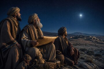 Obraz premium Three wise men looking at the star of Bethlehem in night sky. Men with scroll following celestial light to find Jesus Christ. Nativity scene, religious biblical story event.