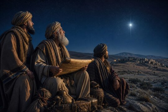 Three wise men looking at the star of Bethlehem in night sky. Men with scroll following celestial light to find Jesus Christ. Nativity scene, religious biblical story event.
