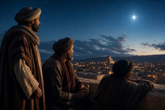 Magi watching the Christmas star over Bethlehem at night. Biblical scene of three wise men looking at the star in the sky. Religious Nativity concept for holiday greeting card.