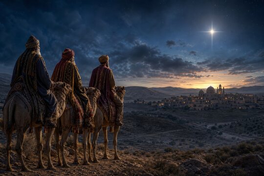 Biblical magi riding camels toward Bethlehem at night. Three wise men following the Christmas star above a village. Nativity scene reflecting religious faith and spiritual journey.
