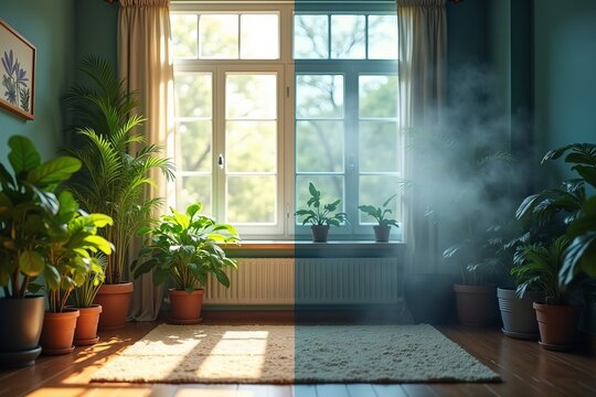 Design a Split-Image Photo Showcasing a Room: One Side Brimming with Lush Greenery and a Luminous Ambiance Symbolizing Fresh Air, the Other Side Depicting a Gloomy Environment.