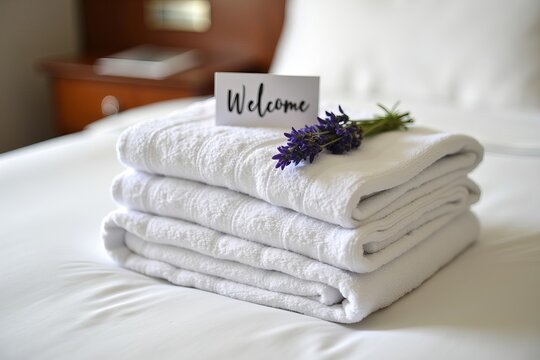 Intimate View of Tightly Folded Towels on a Hotel Bed, Adorned with a Fresh Lavender Sprig and a Warm Welcome Note, Embodying the Spirit of Hospitality