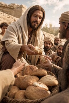 Jesus Christ sharing bread with people. Biblical scene of miracle of feeding the multitude. Religious historical depiction for catholic teaching, faith, spiritual community and worship.