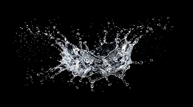 Crystal Clear Water Splash Crown Photography Isolated On Black Background for Beverage Advertising and Design Banner