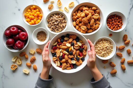 Create a Vibrant Flat Lay of Homemade Snack Mix Ingredients: Nuts, Seeds, Dried Fruits, and Gluten-Free Cereals Artfully Displayed on Your Kitchen Counter