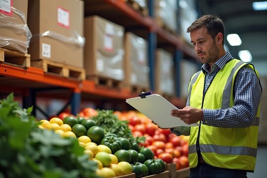Inspector Analyzes Temperature Logs Beside Vibrantly Labeled Fresh Produce Pallet, Clipboard in Hand and Deep in Thought