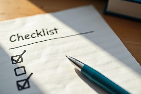 Elegant Close-Up of a Checklist and Rubric on a Wooden Desk, Accented by a Pen and Soft Natural Light
