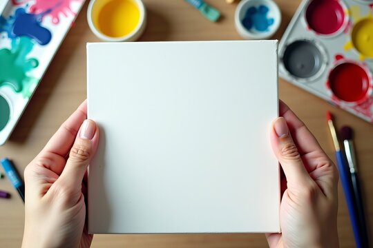 Close-Up of Hands Gently Cradling a Fresh Canvas Surrounded by Vibrant Brushes and Paint, Signifying the Beginning of a Creative Journey