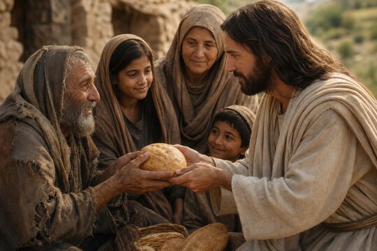 Jesus Christ sharing bread with elderly man and family. Religious scene depicting miracle or act of charity. Catholic biblical story representing compassion, community and faith.