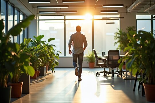 Confident Individual Walks Through Lush, Sunlit Office Space, Embracing New Beginnings and Opportunities.