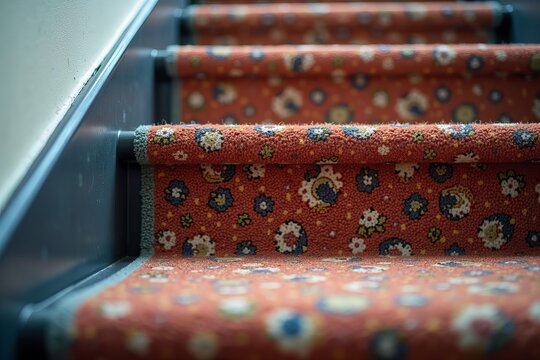 Detailed View of a Loose Carpet Strip on an Office Staircase, Emphasizing the Striking Contrast Between the Colorful Carpet and the Industrial Steps, While Illustrating the Safety Risk