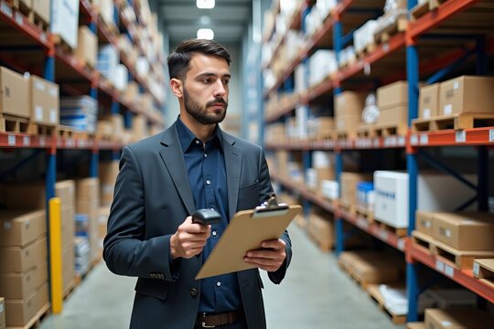 Logistics Manager Overseeing Inventory in a Well-Organized Warehouse