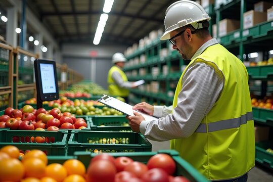 Dynamic Image of a Quality Control Inspector Evaluating Fresh Produce with a Clipboard at a Receiving Dock Amidst Colorful Crates of Fruits and Vegetables
