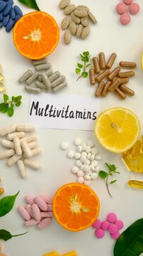 Various tablets and capsules, supplements and vitamins. Selective focus.