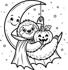 Fototapeta premium Cute cartoon sloth wearing a black vampire cape, surrounded by stars and a crescent moon black cape