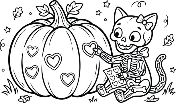 Cute cartoon skeleton kitten carving a smiling jack-o'-lantern with bats and stars black cat skeleton