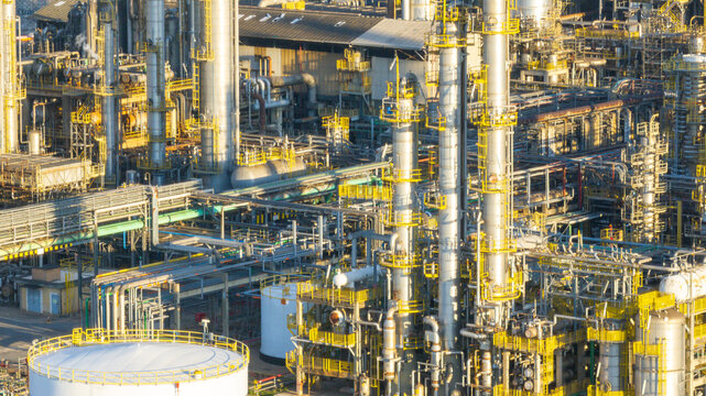 Aerial view of a large petrochemical complex featuring tall distillation columns, intricate piping networks, and storage tanks under warm sunlight in Santo Andre, State of Sao Paulo, Brazil.