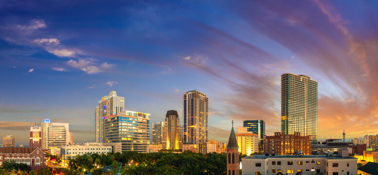 View of downtown St. Petersburg, Florida, USA. Urban skyline with high-rise buildings in vibrant American city.