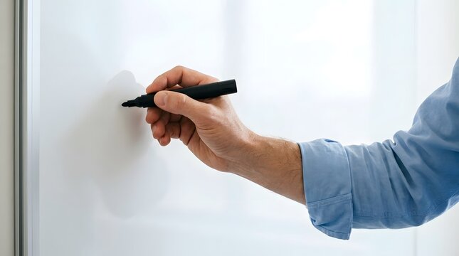 Businessman wearing a light blue shirt writes on a clean white board using a black felt tip marker.