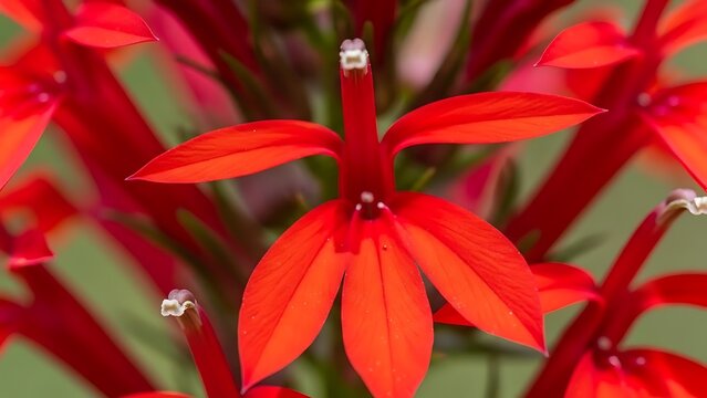 Close-up of red cardinal flower blooming in a garden with cardinal, blooming