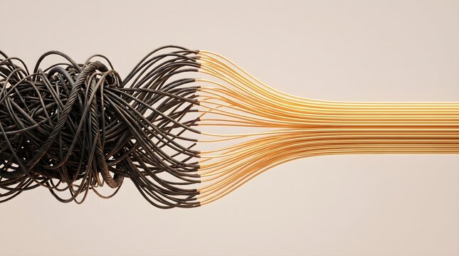 Abstract 3D Render of Tangled Wires Transforming into Organized Golden Threads