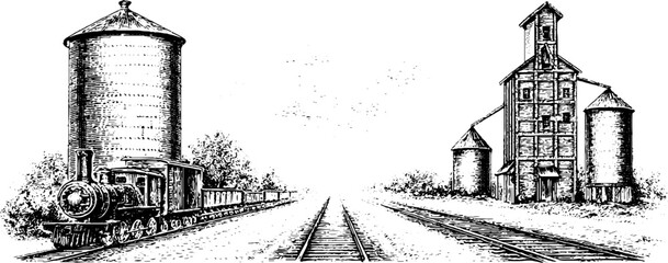 Obraz premium Vintage engraved rural railway panorama with grain elevators and parallel train tracks for background and poster design