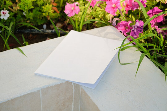 empty magazine mockup on brick terrace near red petunia flowers hard light