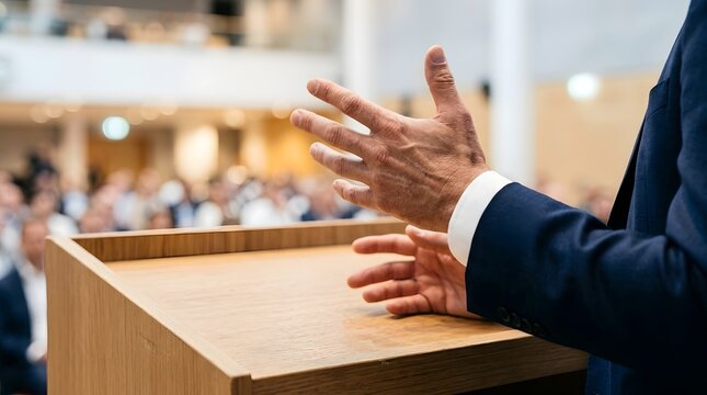 Speaker gesturing with open hands at a wooden podium during a large conference event while wearing a structured blue suit jacket against a blurred auditorium backdrop.