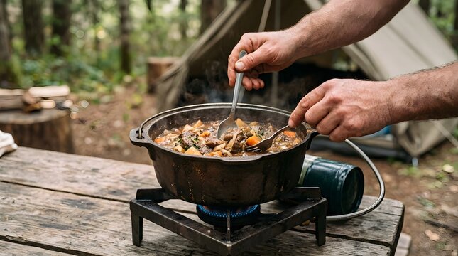 Camper stirs a rustic cast iron pot filled with hearty stew over a portable propane burner on a wooden picnic table.