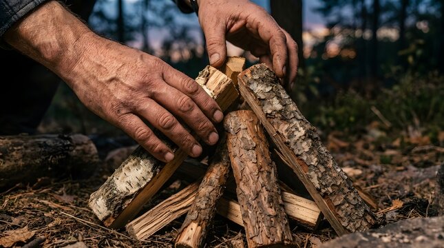 Camper meticulously positions wooden logs to build a small fire structure on the forest floor at dusk.