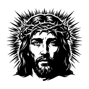 Jesus Christ face with crown of thorns dramatic portrait high contrast black vector silhouette chiaroscuro isolated on white background