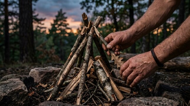 Camper builds a small wooden campfire structure on a forest floor during the twilight hour as soft orange light glows against the dark textured bark.