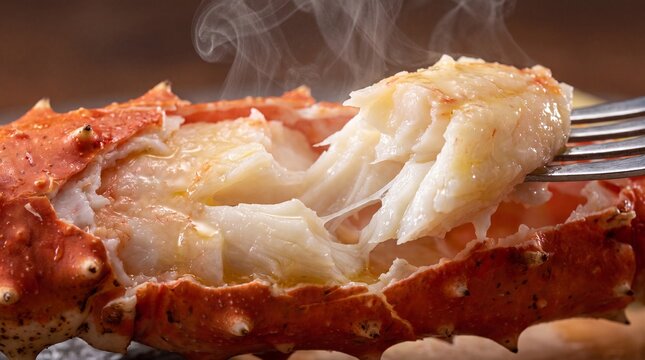 King crab leg segment is held by a fork as steaming white meat is pulled from the cracked shell.