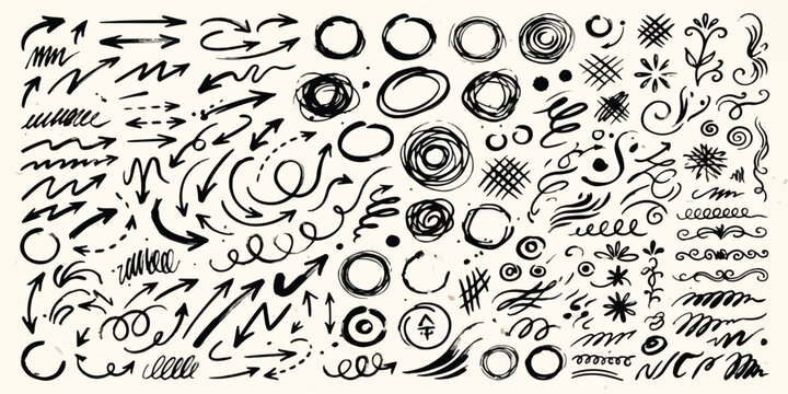 Set of hand drawn ink brush arrows circles and decorative design elements with handdrawn ornaments sketches elements abstract graphics artistic