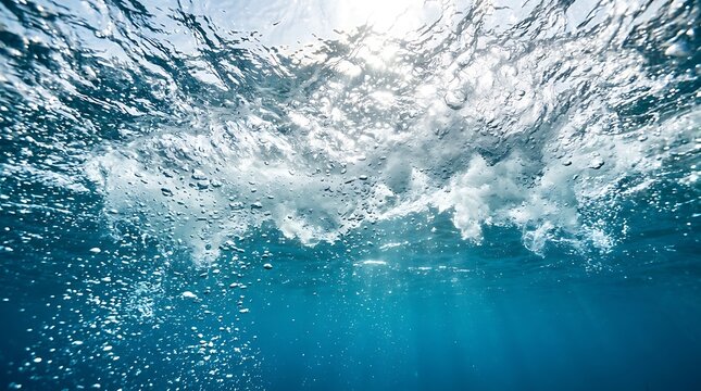 Underwater View of Ocean Surface with Bubbles and Sunlight for Background and Travel Web Banner Designs and Projects