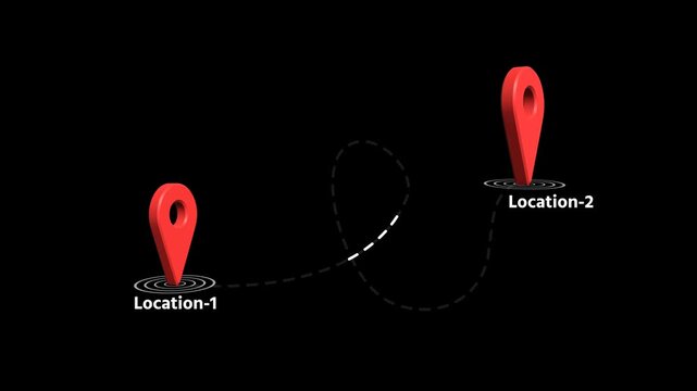 GPS Location Pin Route Animation with Travel Path on RGB Alpha Black Background