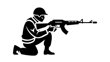 Obraz premium Silhouette icon of a soldier kneeling and aiming a rifle with military infantry tactical kneeling shooting silhouette isolated combatant protection strategic personnel training readiness