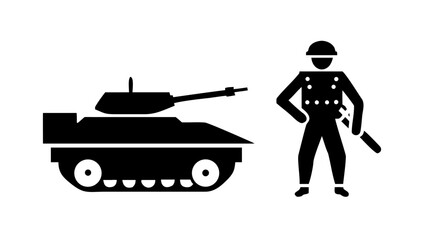 Obraz premium Silhouette graphic of a soldier standing next to a battle tank with military silhouette isolated infantry artillery tactical personnel security conflict transport operation strategy