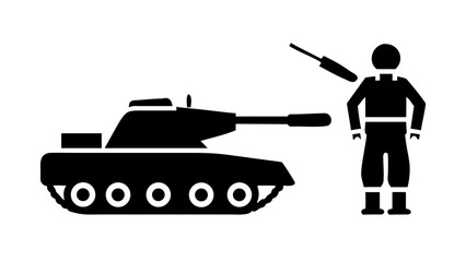 Obraz premium Silhouette icon depicting a main battle tank and a standing soldier with military silhouette isolated artillery infantry tactical personnel security conflict transport operation strategy