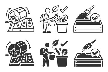 Fototapeta premium Sustainable gardening icons: composting, planting, harvesting, eco-friendly practices.