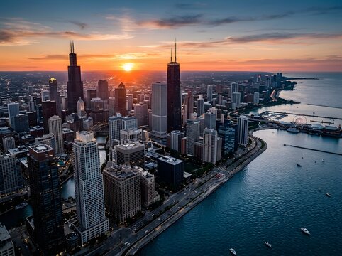 Stunning aerial view of the chicago skyline at sunset along the shore of lake michigan in illinois